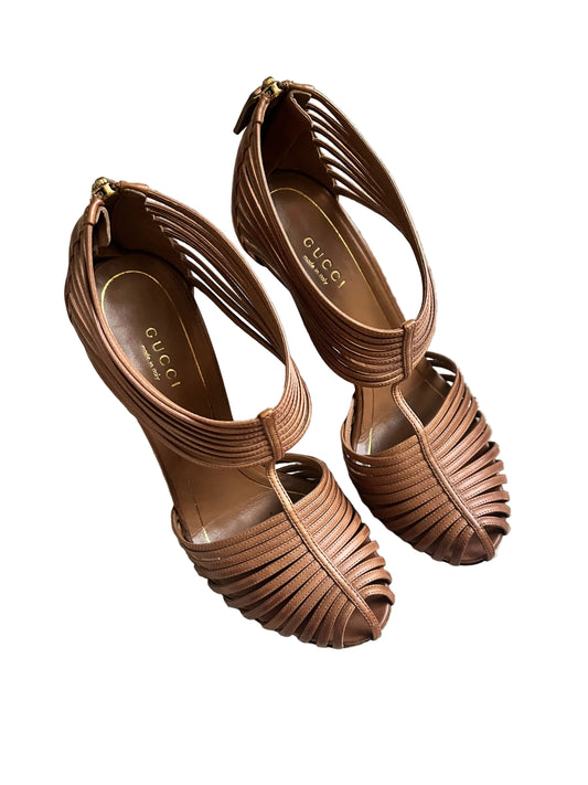 Gucci Inga T-Strap Leather Heels Sandals Brown Size - 38