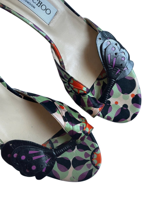 Jimmy Choo London Printed Satin Butterfly Heeled Sandals - Size 38.5