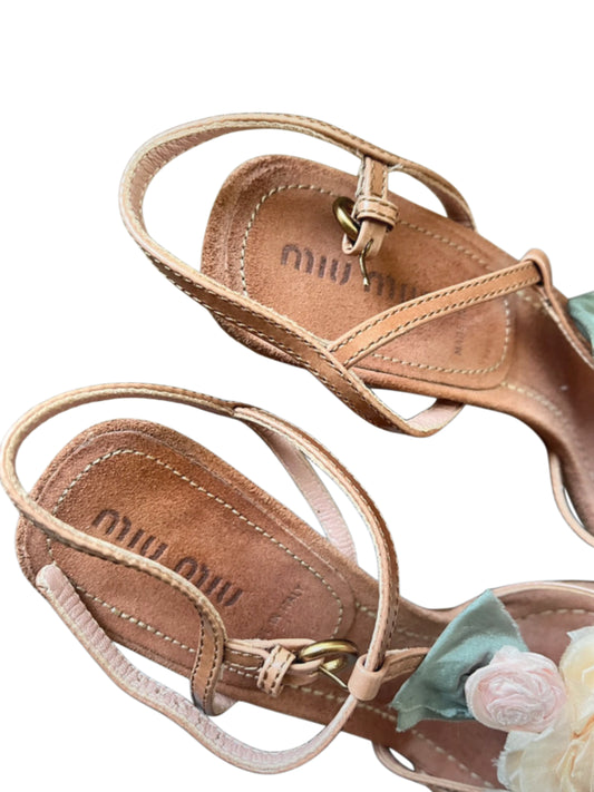 Miu Miu Floral Rosette Heeled Sandals - Size 37.5