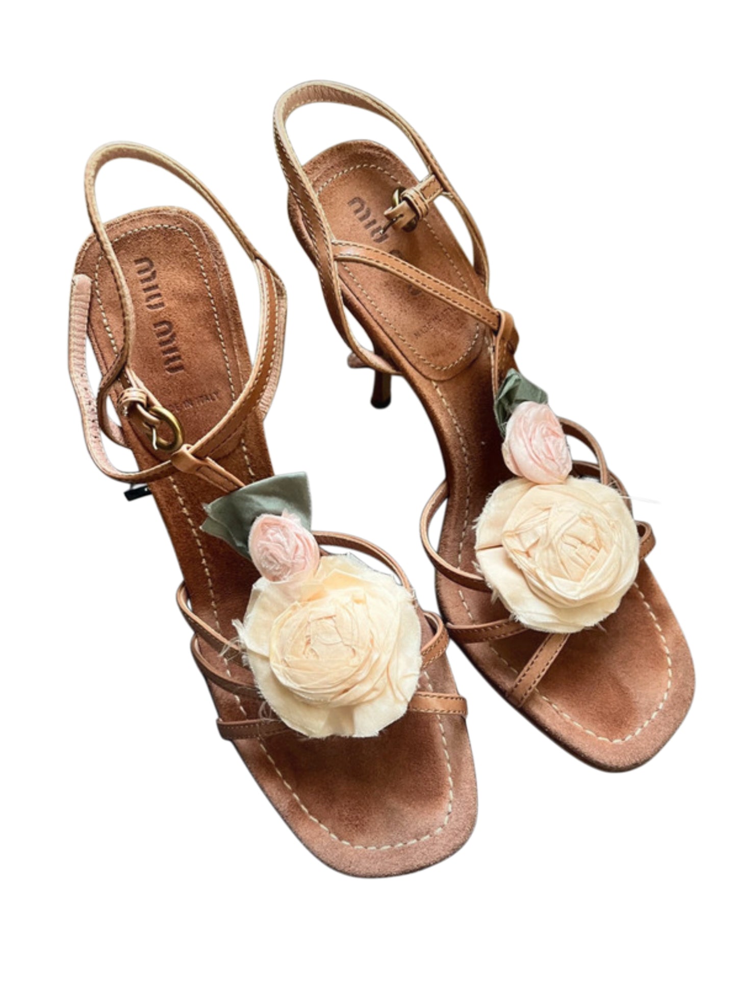 Miu Miu Floral Rosette Heeled Sandals - Size 37.5