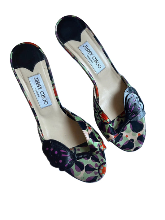 Jimmy Choo London Printed Satin Butterfly Heeled Sandals - Size 38.5