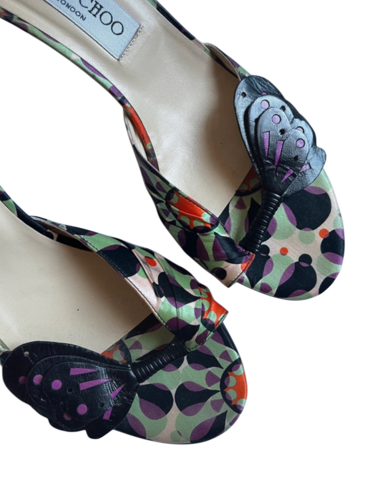 Jimmy Choo London Printed Satin Butterfly Heeled Sandals - Size 38.5