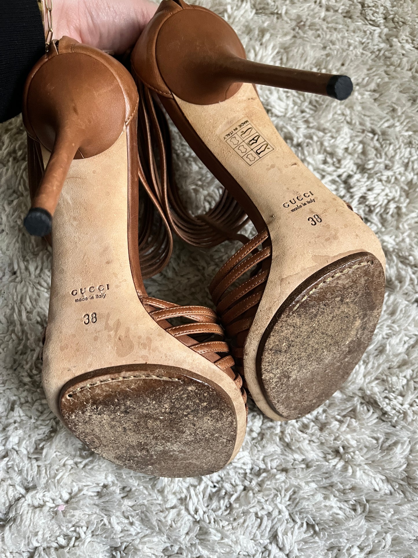 Gucci Inga T-Strap Leather Heels Sandals Brown Size - 38