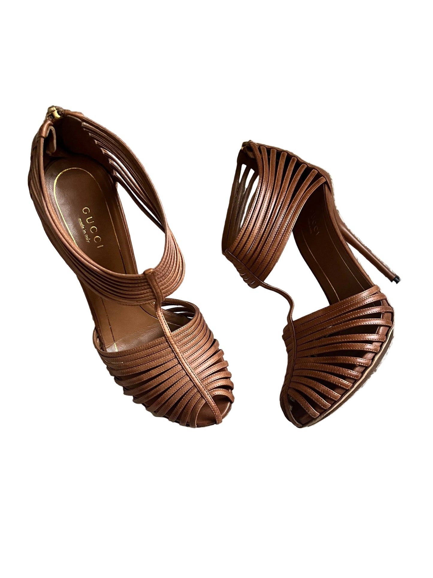 Gucci Inga T-Strap Leather Heels Sandals Brown Size - 38
