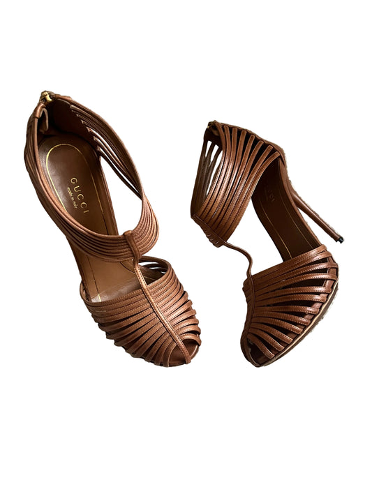 Gucci Inga T-Strap Leather Heels Sandals Brown Size - 38