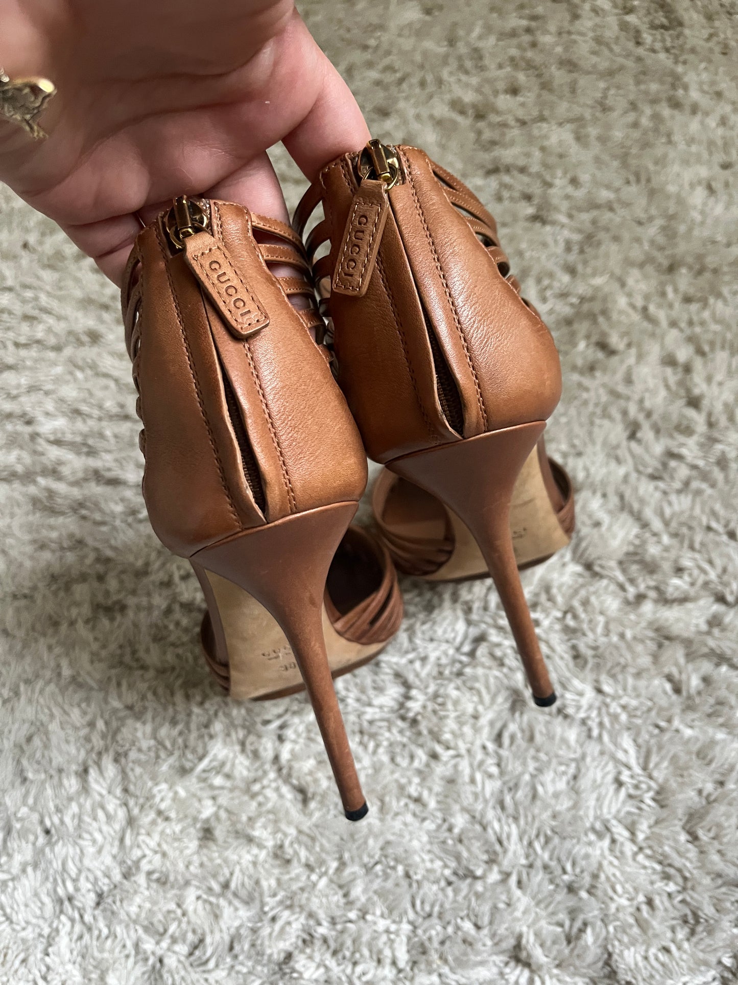 Gucci Inga T-Strap Leather Heels Sandals Brown Size - 38