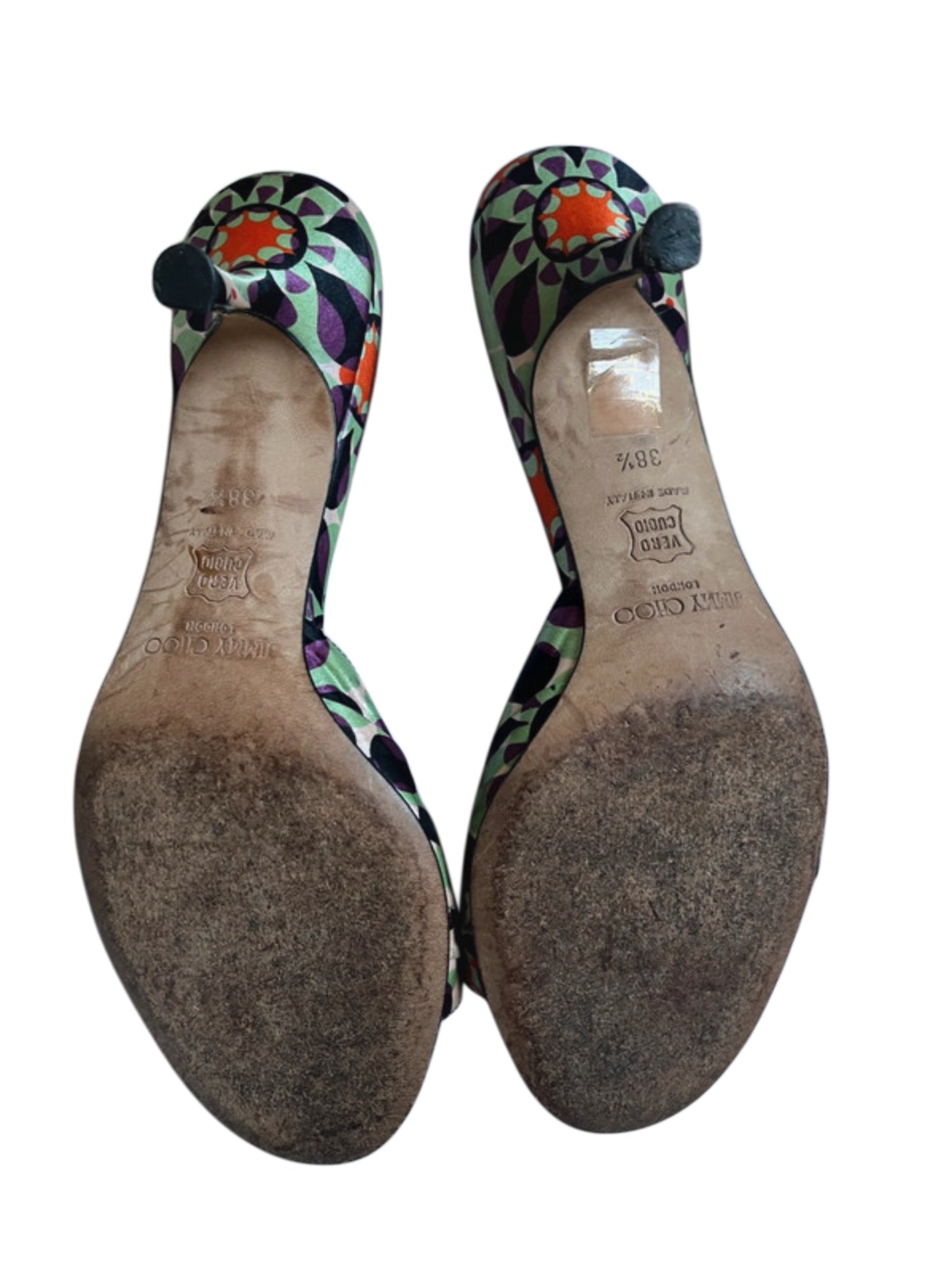 Jimmy Choo London Printed Satin Butterfly Heeled Sandals - Size 38.5