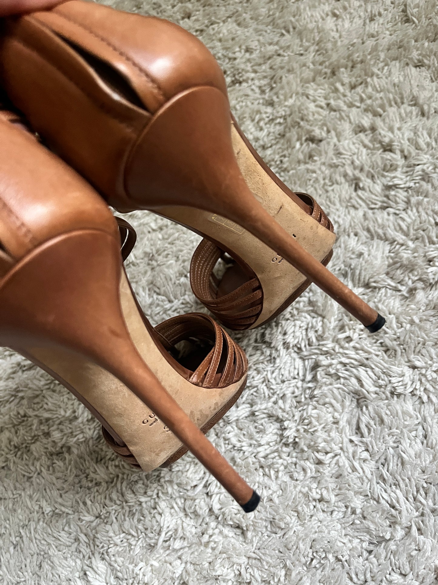 Gucci Inga T-Strap Leather Heels Sandals Brown Size - 38