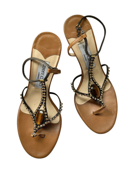 Jimmy Choo London Embellished Leather T-Bar Heeled Sandals - Size 37.5